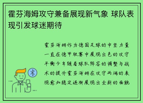 霍芬海姆攻守兼备展现新气象 球队表现引发球迷期待